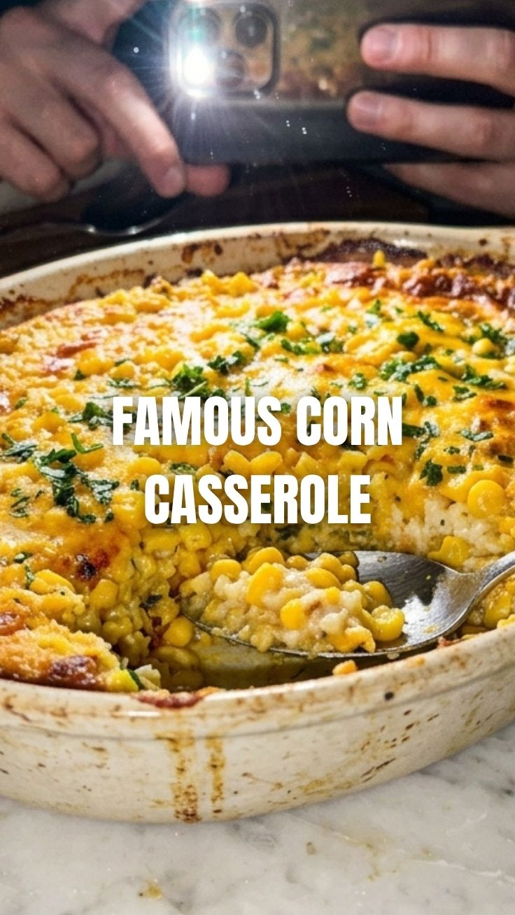 Golden corn casserole in a baking dish