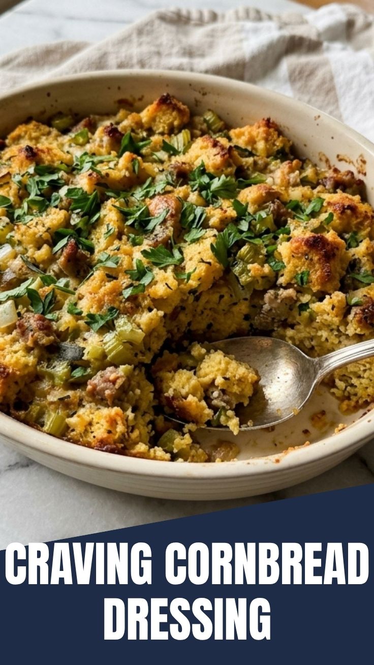 Golden, steaming cornbread dressing in a baking dish