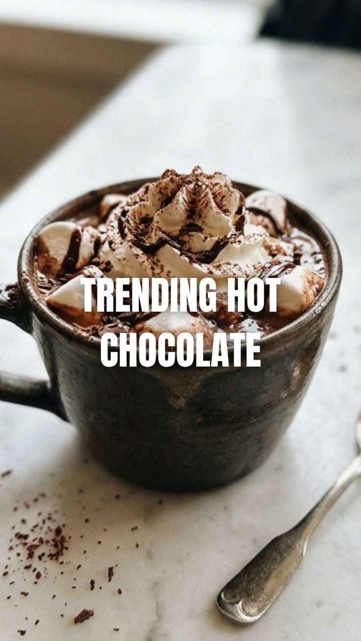A steaming mug of hot chocolate, inviting and warm.