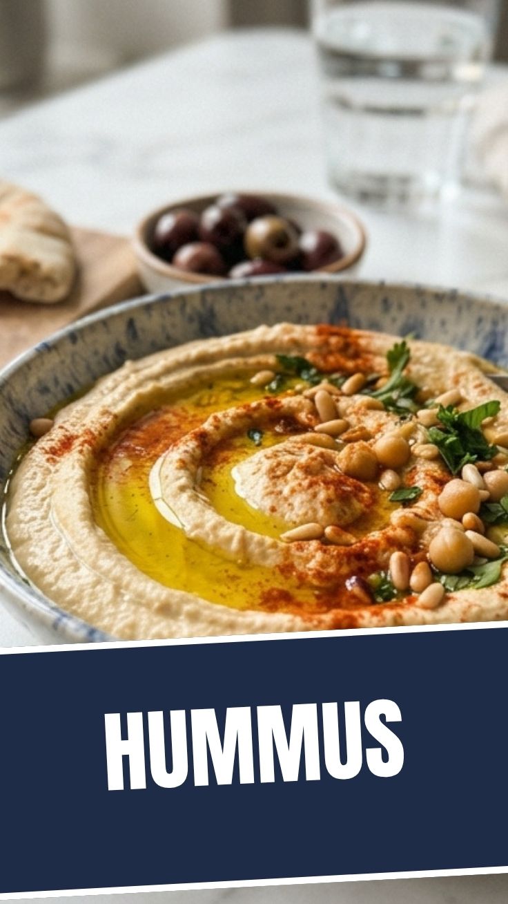 A smooth, creamy hummus dip, ready to be served.
