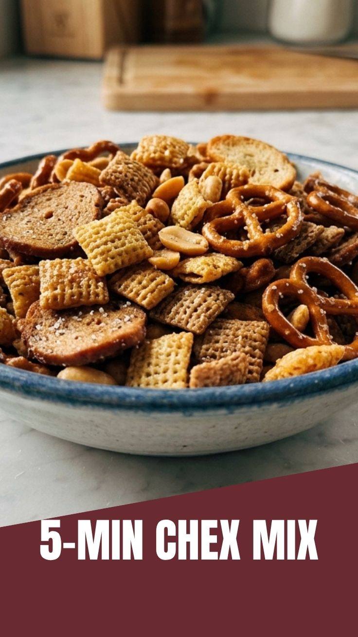 A bowl of homemade Chex Mix with various cereals and pretzels