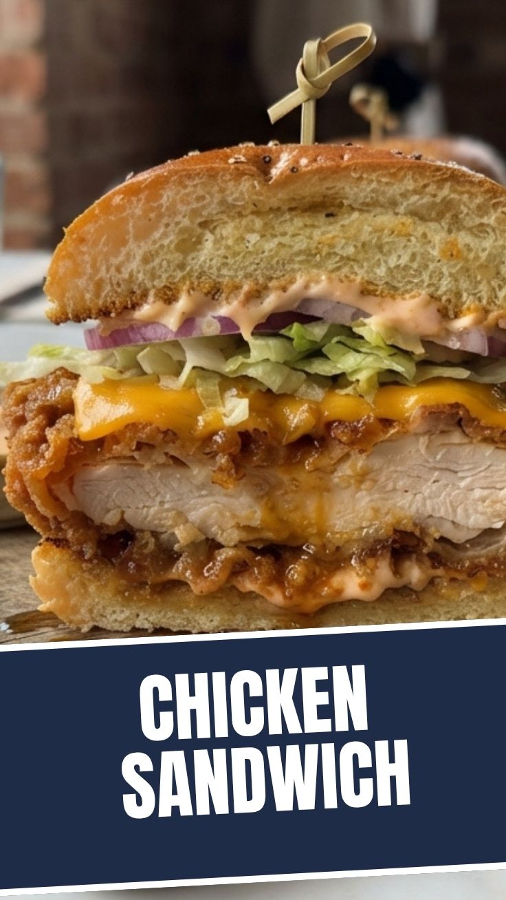Crunchy chicken sandwich with golden crust, pickles, and creamy sauce on a toasted bun