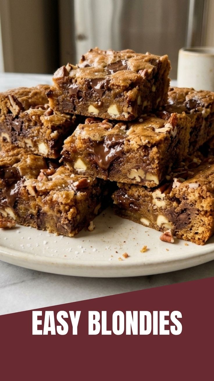 A close-up of a tray of freshly baked blondies with a soft, chewy texture.