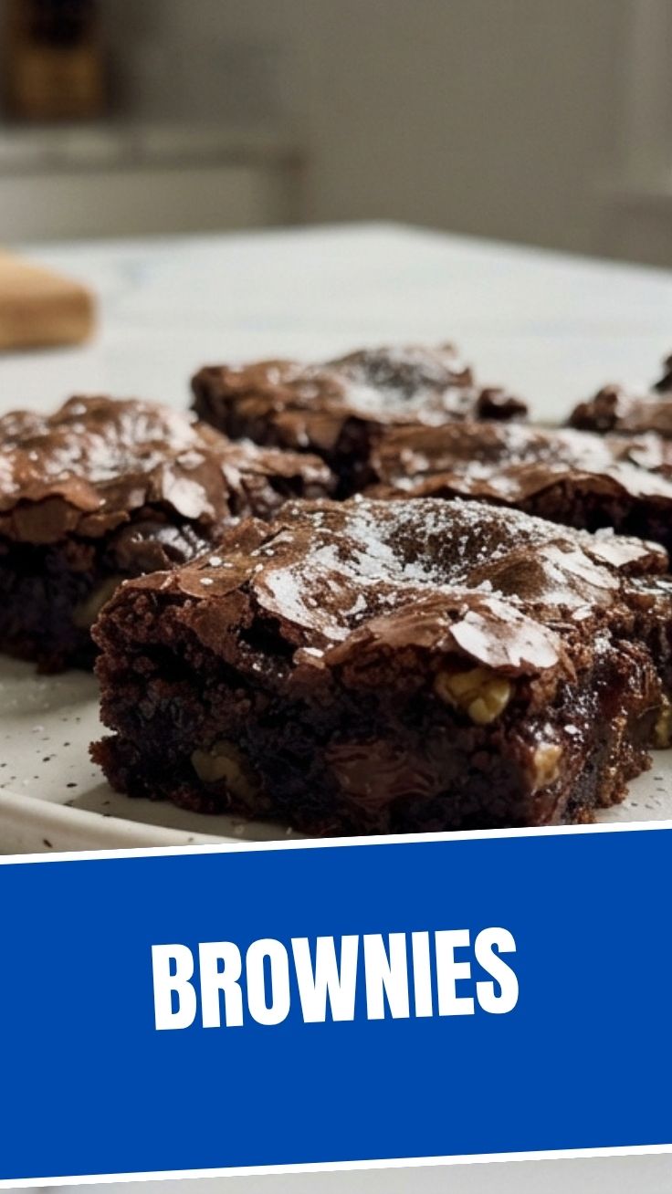 A plate of rich, fudgy brownies with a crinkled top