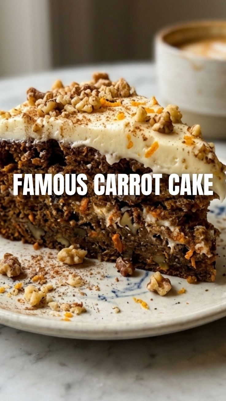 A slice of delicious carrot cake with cream cheese frosting.