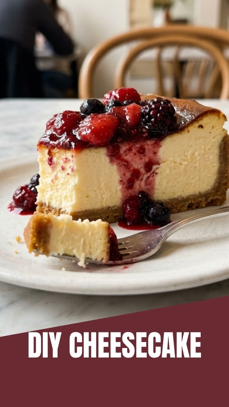 A slice of delicious cheesecake on a white plate, ready to be enjoyed.