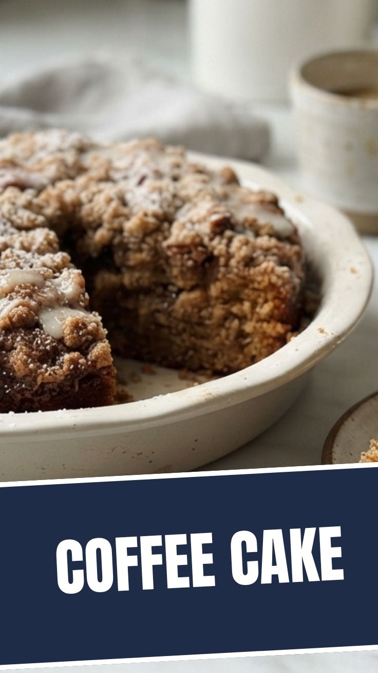 A freshly baked coffee cake with a crumble topping on a white plate.