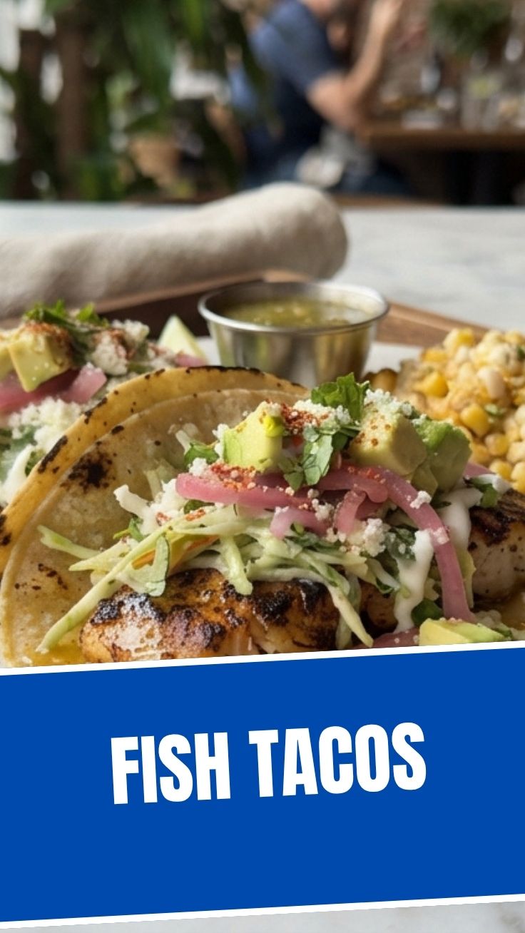A close-up of a plate of delicious fish tacos with fresh toppings.