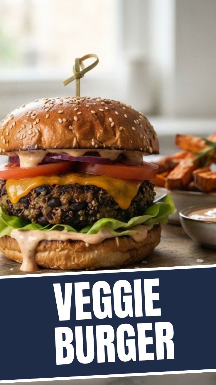 A freshly grilled veggie burger presented on a bun with fresh toppings.