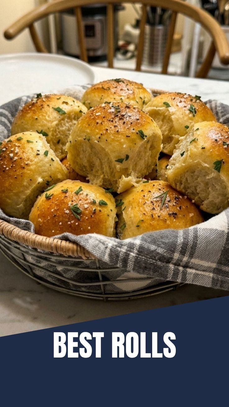 A basket of freshly baked dinner rolls, golden brown and soft.