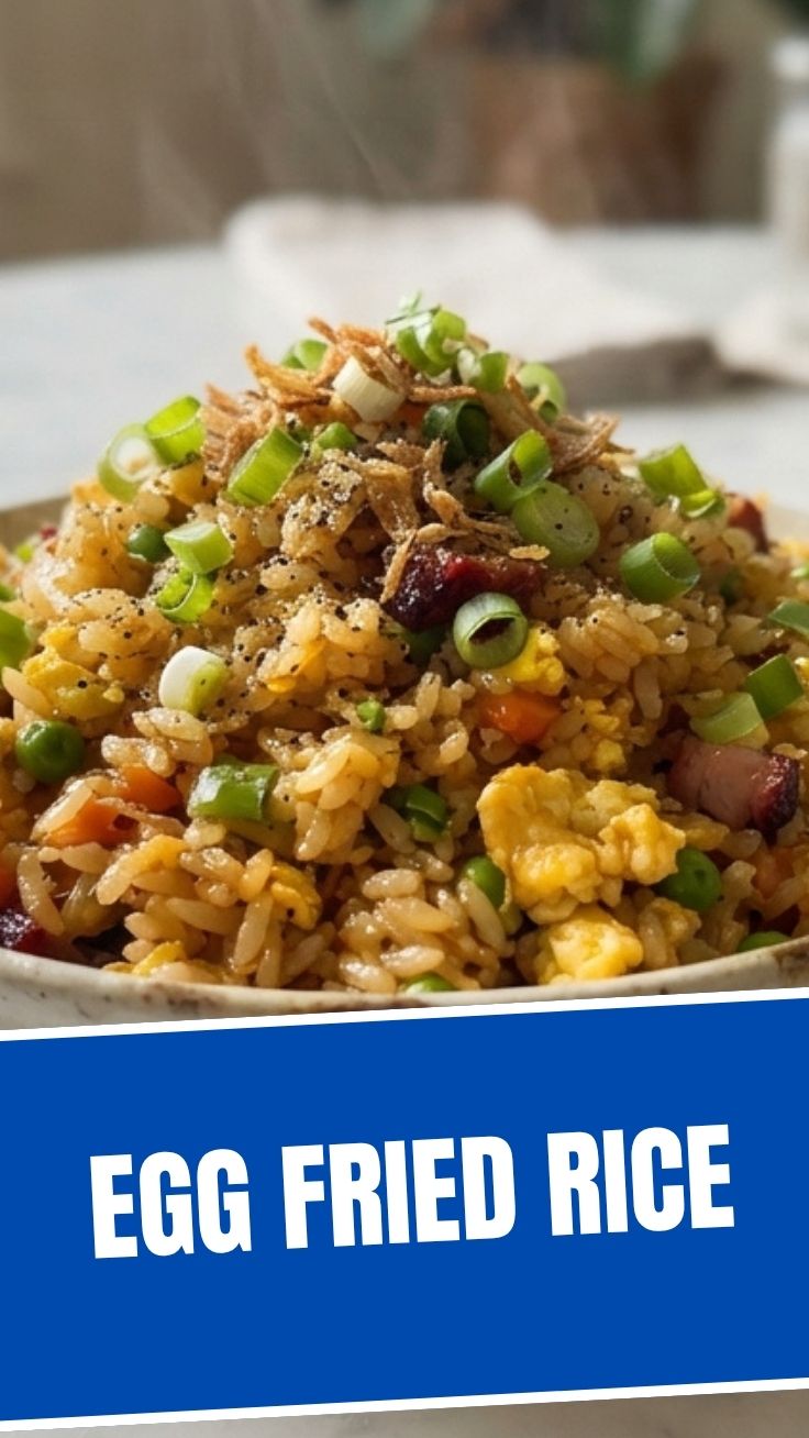 A steaming bowl of fresh egg fried rice with green onions