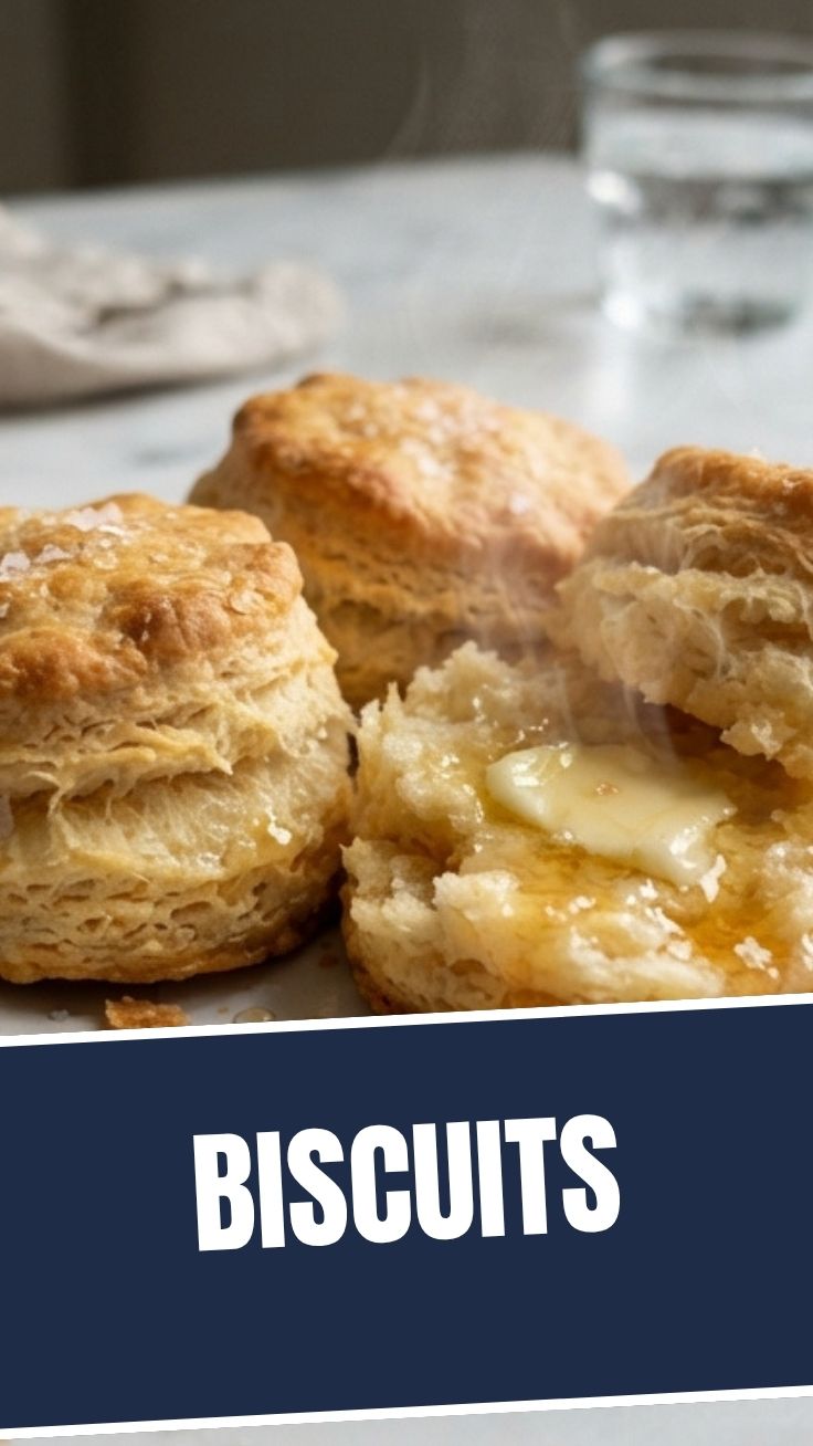 A stack of fluffy, golden-brown biscuits on a wooden cutting board