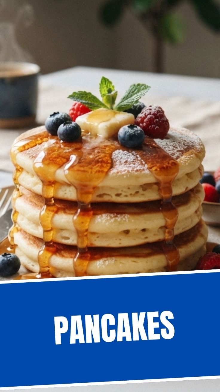 A tall stack of fluffy pancakes with syrup on a white plate