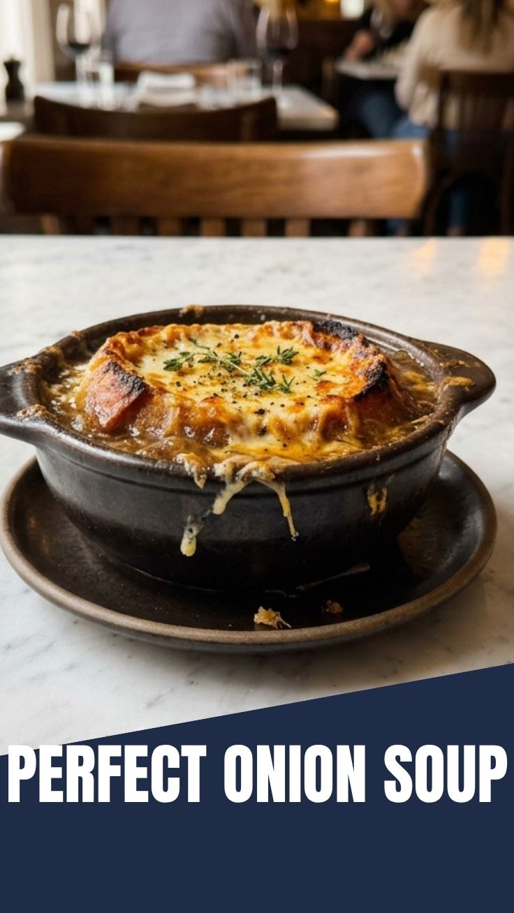 French onion soup with melted Gruyere cheese