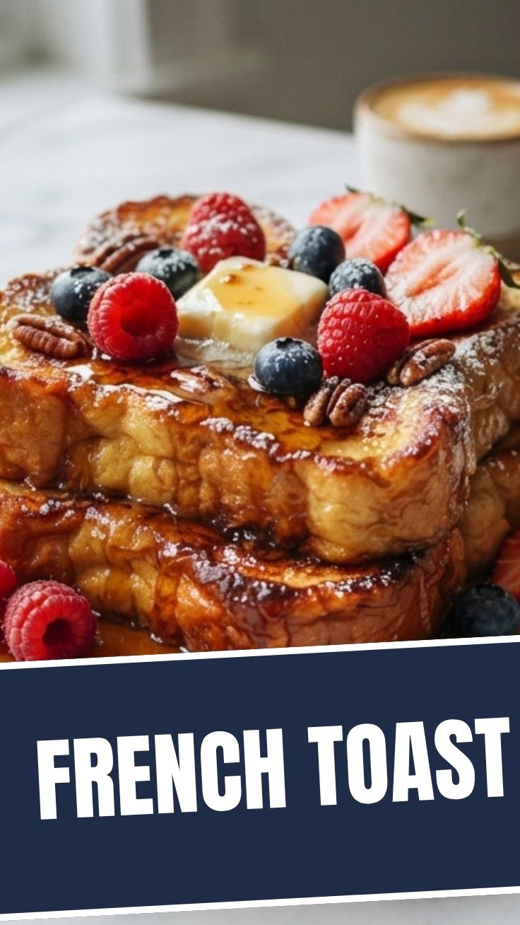A perfectly cooked stack of golden French toast, dusted with powdered sugar