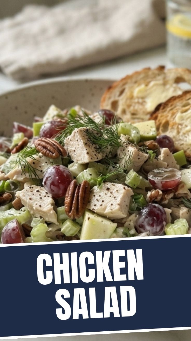 A fresh bowl of chicken salad with crisp greens and vegetables.
