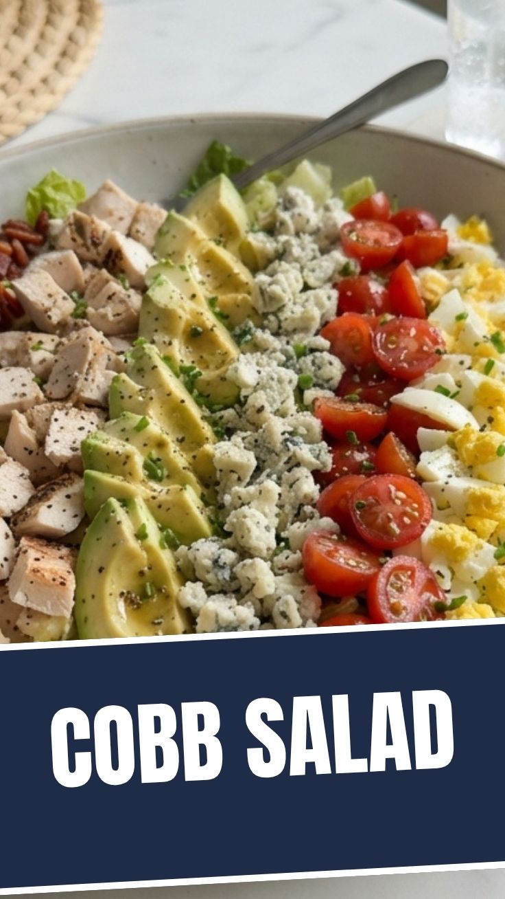 A vibrant cobb salad with fresh lettuce, chicken, bacon, egg, avocado, and tomatoes