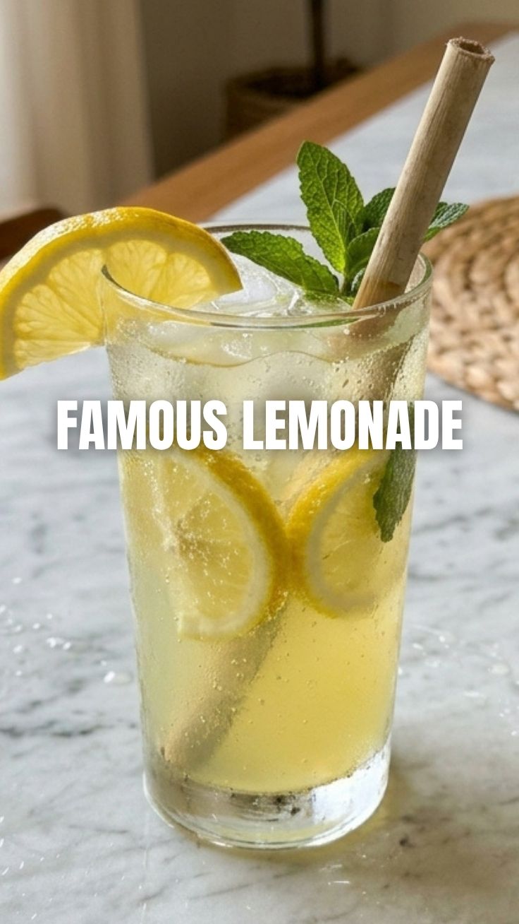 A glass of freshly squeezed lemonade with lemon slices and ice cubes