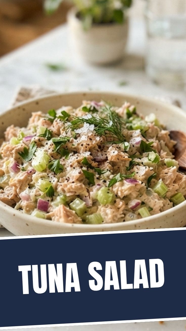A bowl of fresh tuna salad prepared with crisp ingredients
