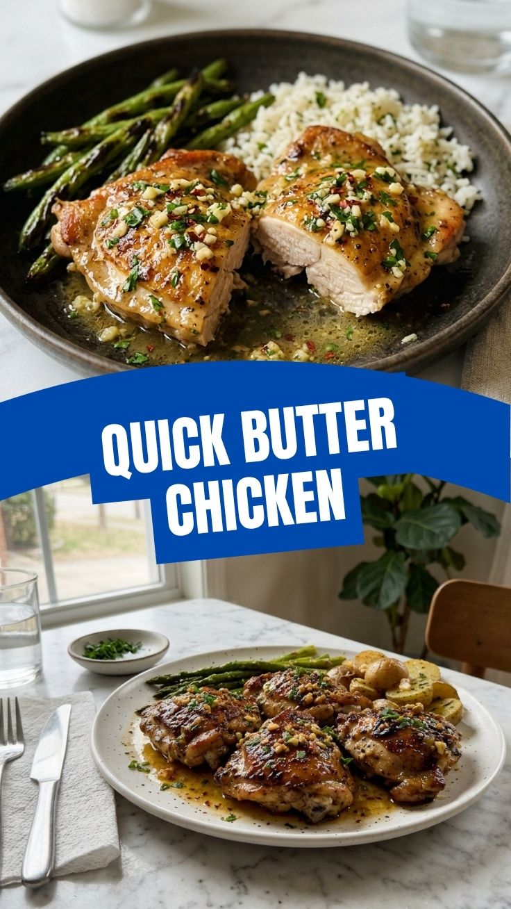 A close-up shot of pan-seared garlic butter chicken, golden brown and glistening.