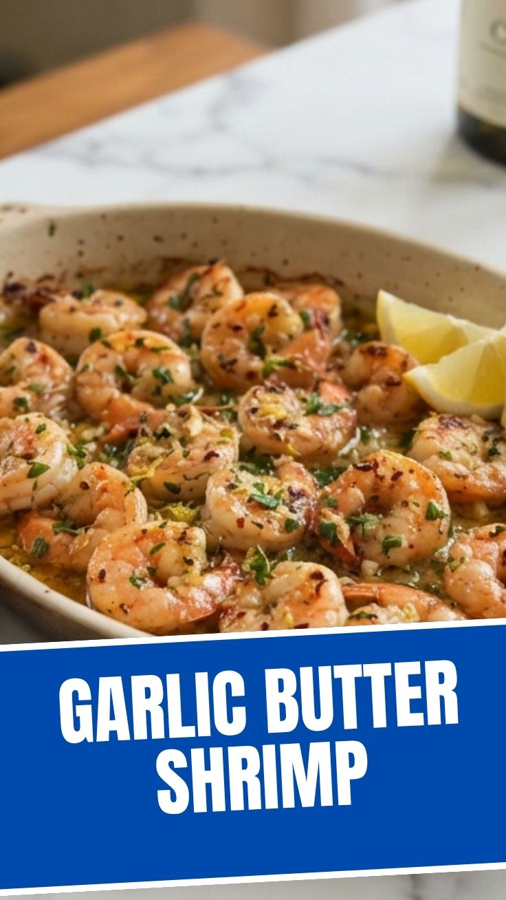 Close-up of golden garlic butter shrimp in a pan
