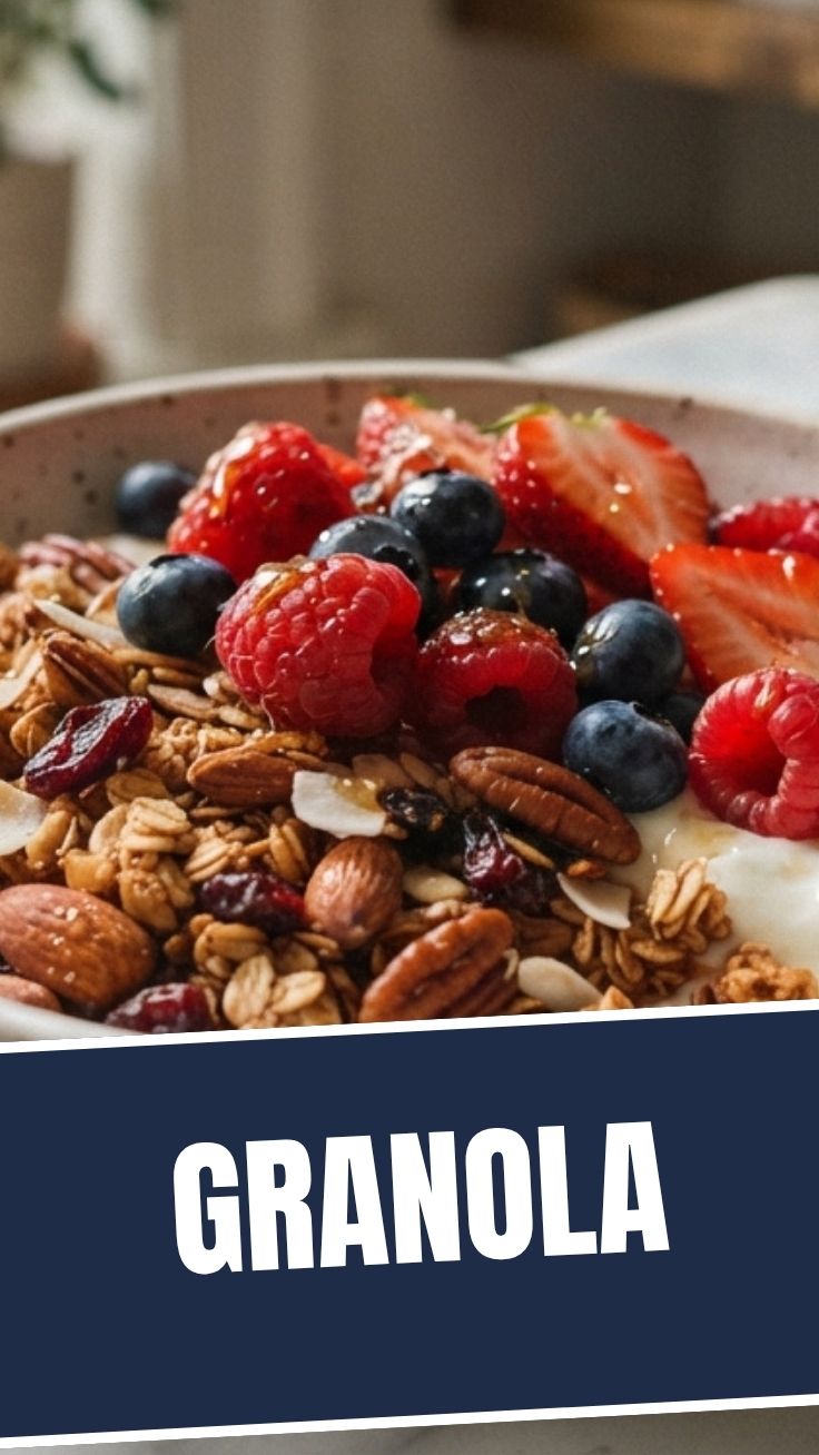 A bowl of wholesome granola with nuts and dried fruit