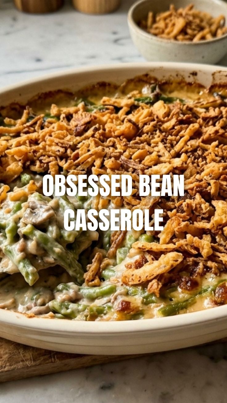 A comforting green bean casserole, generously topped with crispy fried onions.