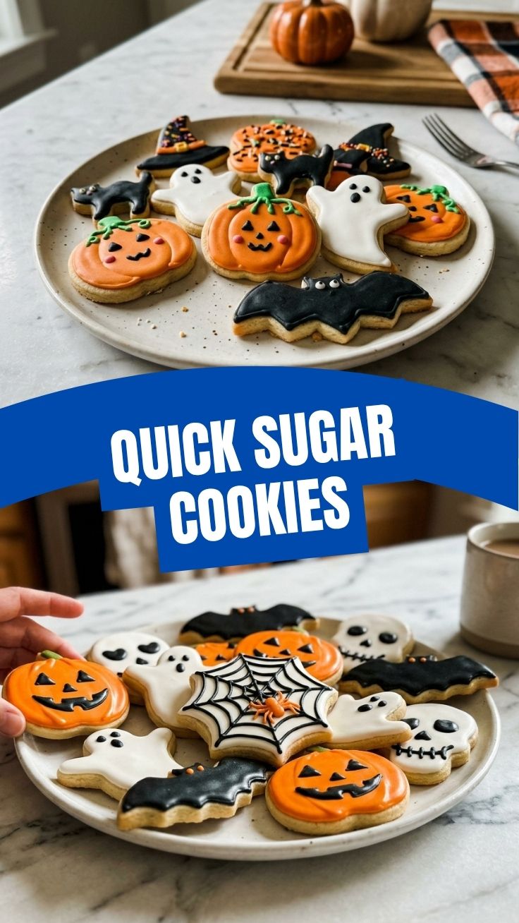 Decorated Halloween sugar cookies with orange and black icing