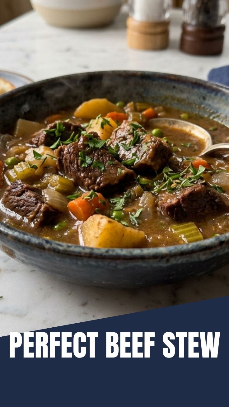 A steaming bowl of hearty beef stew with vegetables