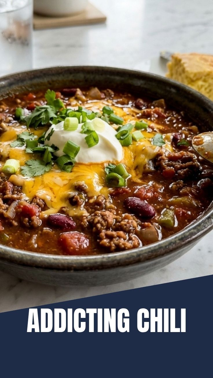 A steaming bowl of hearty chili with garnishes