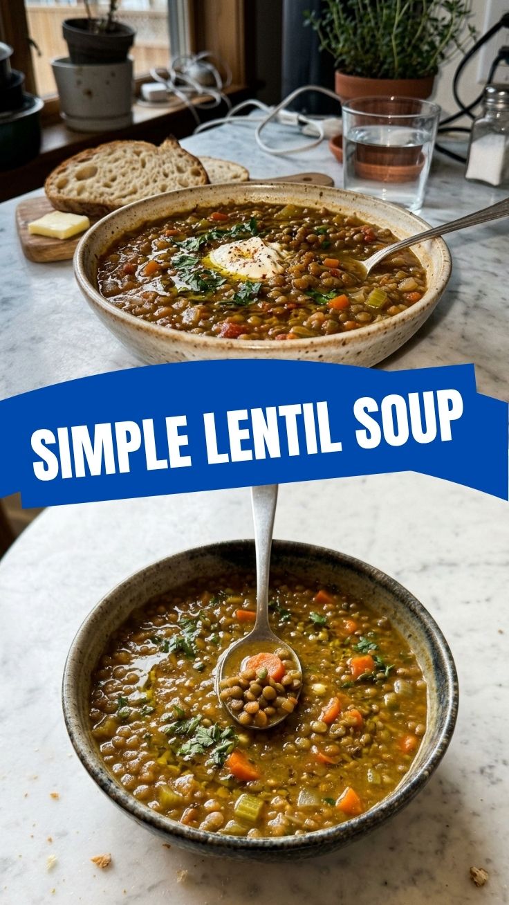 A bowl of hearty lentil soup with herbs