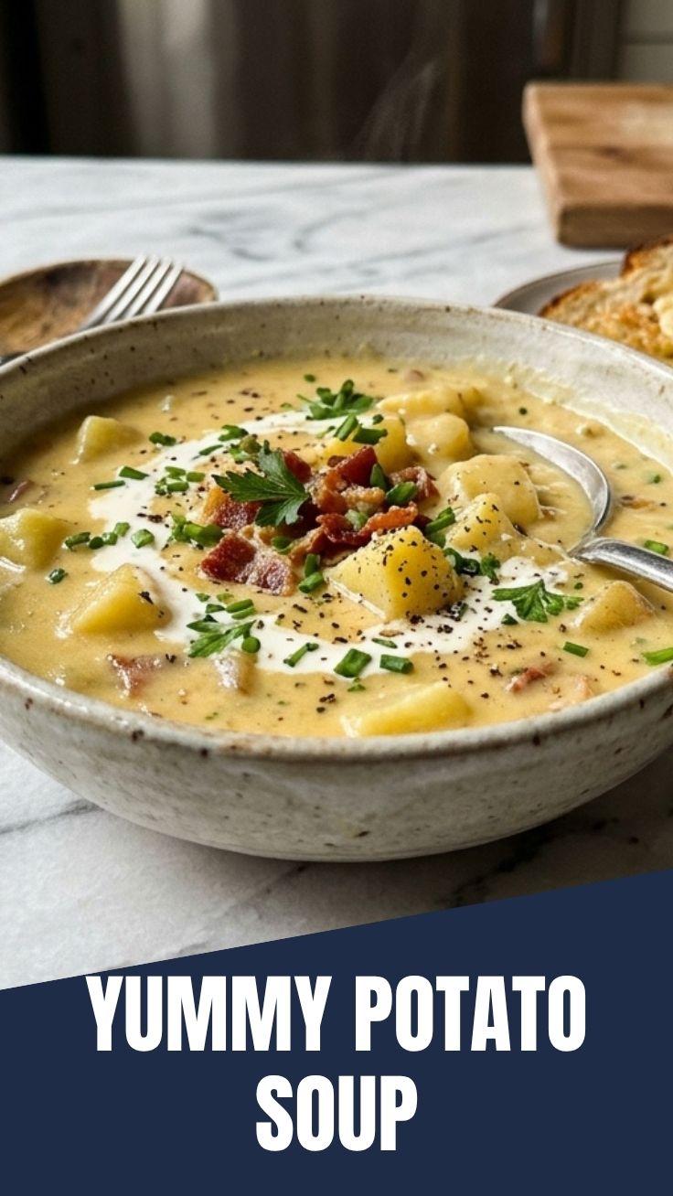 A steaming bowl of hearty potato soup, perfect for cold days.