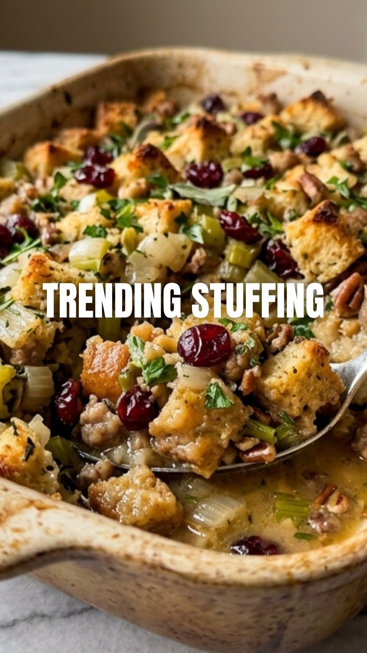 Golden brown holiday stuffing in a baking dish