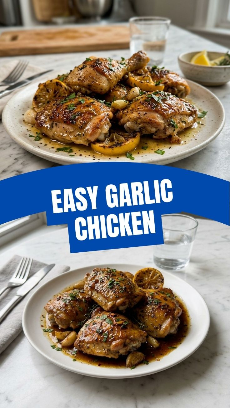 Juicy Lemon Garlic Chicken with herbs and lemon slices
