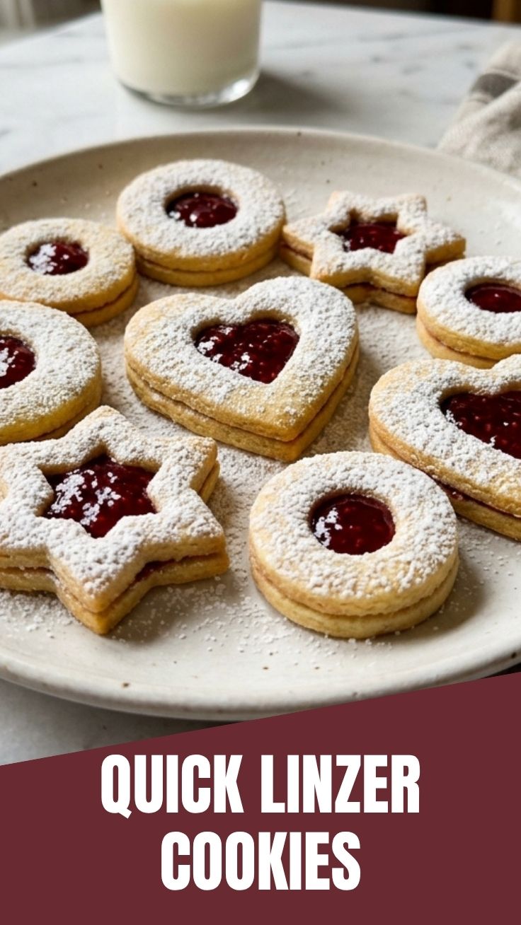 Linzer cookies dusted with powdered sugar on cooling rack