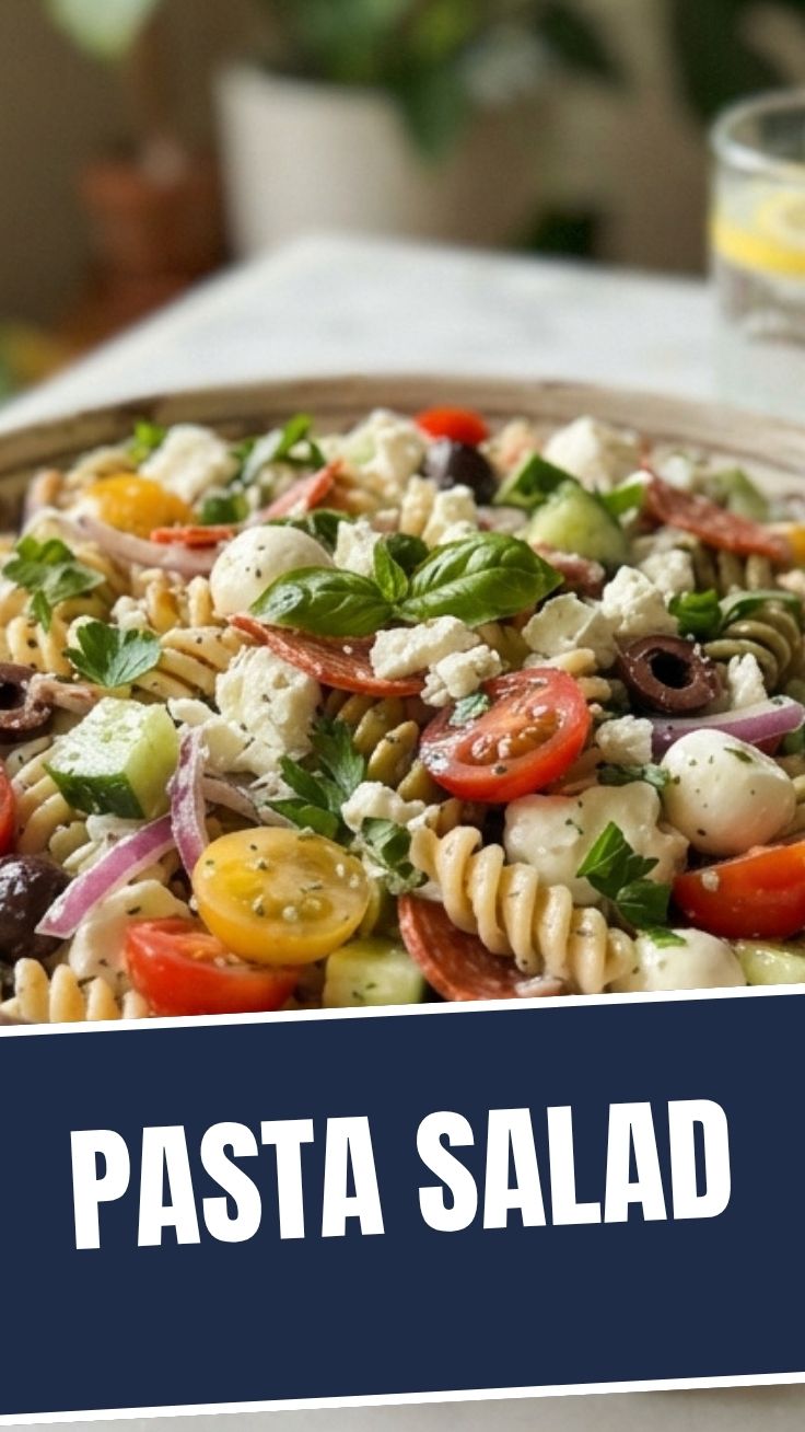 A vibrant pasta salad in a large serving bowl, ready for a meal.