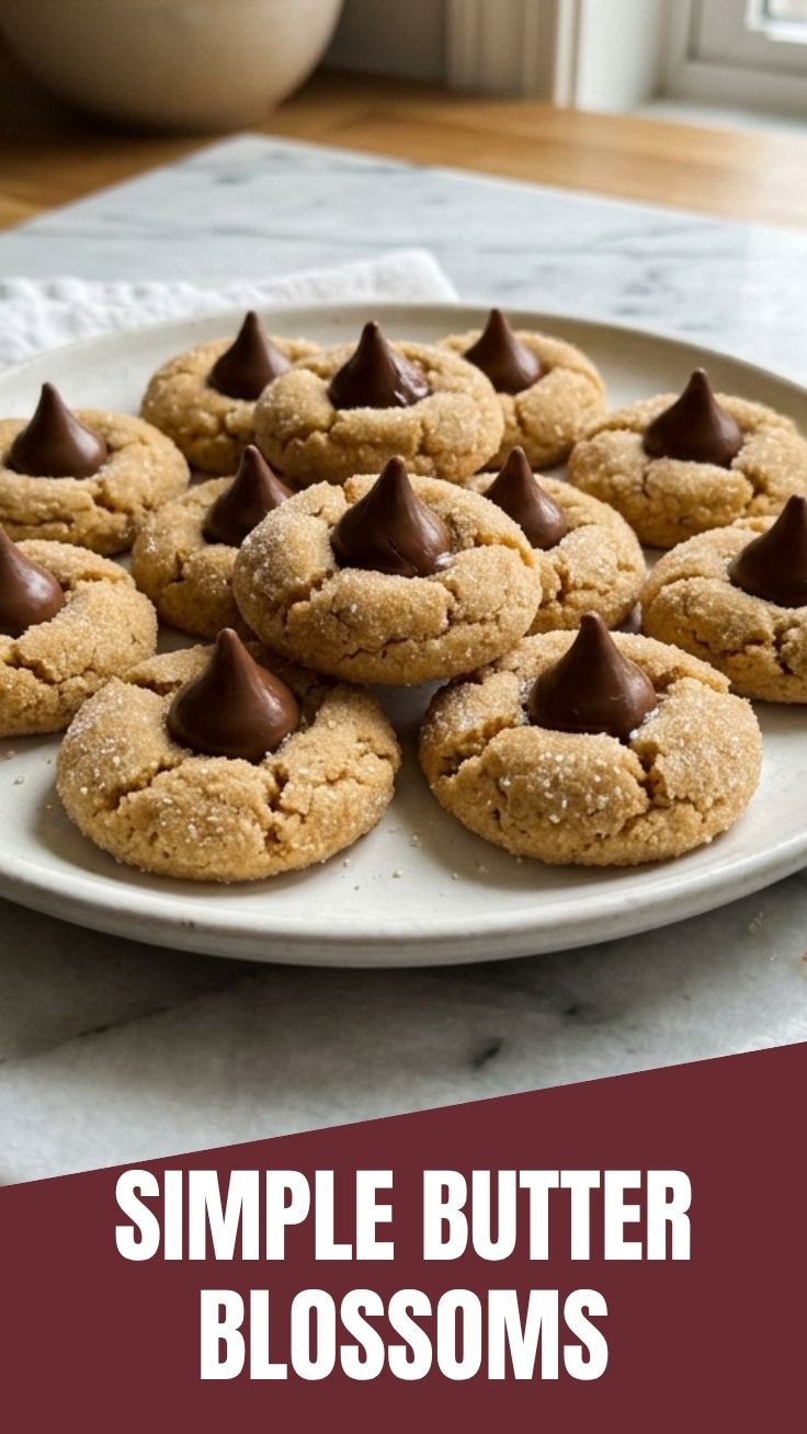Freshly baked Peanut Butter Blossoms with chocolate kisses on top