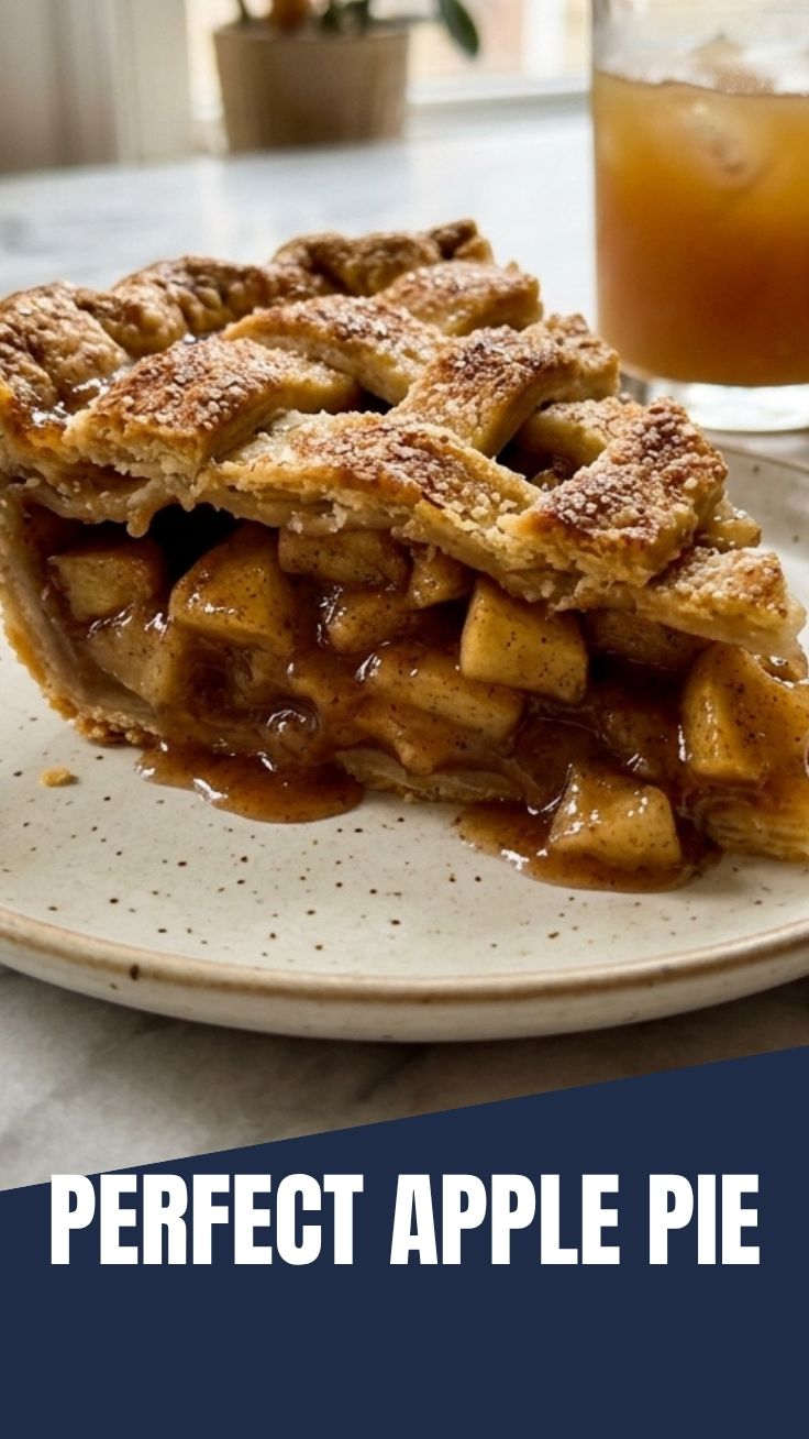 A freshly baked apple pie with a golden, flaky crust on a cooling rack.