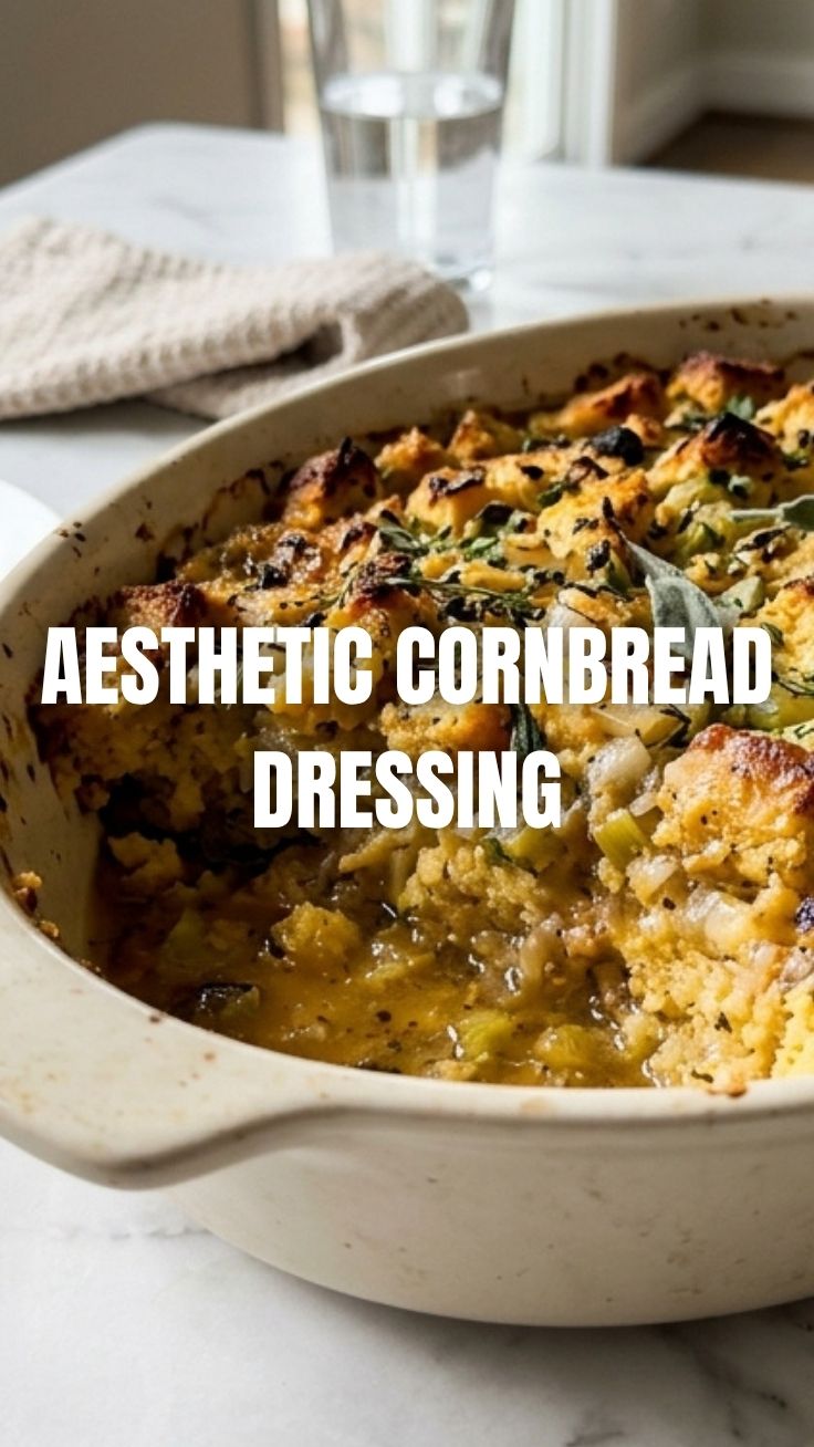 A golden-brown cornbread dressing in a baking dish, ready to serve