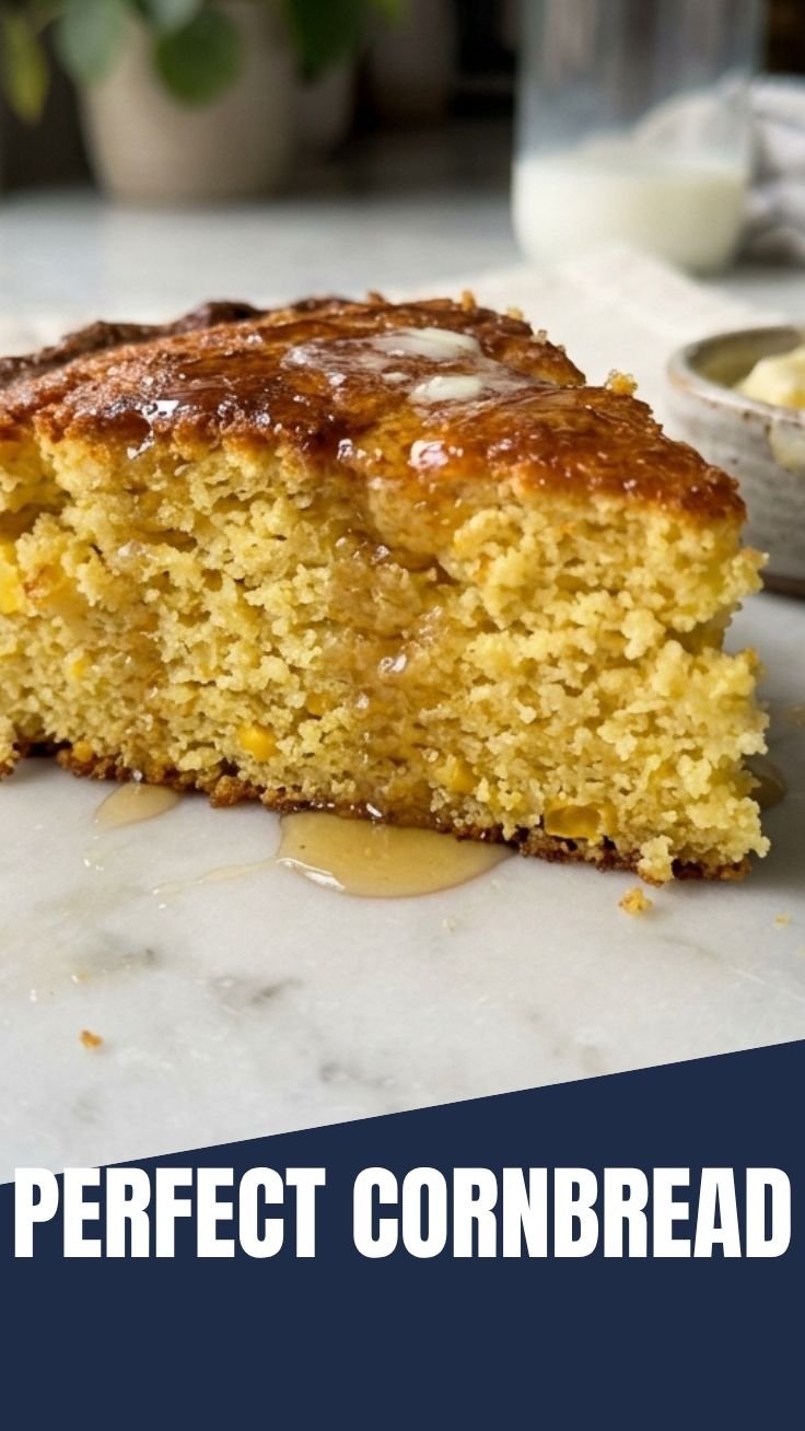 A freshly baked golden cornbread in a cast-iron skillet