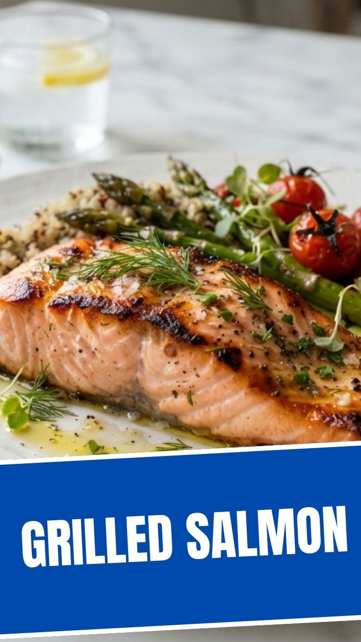 A perfectly grilled salmon fillet, flaky and golden-brown, on a white plate.
