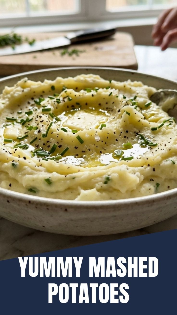 A bowl of perfectly smooth and creamy mashed potatoes, ready to serve.