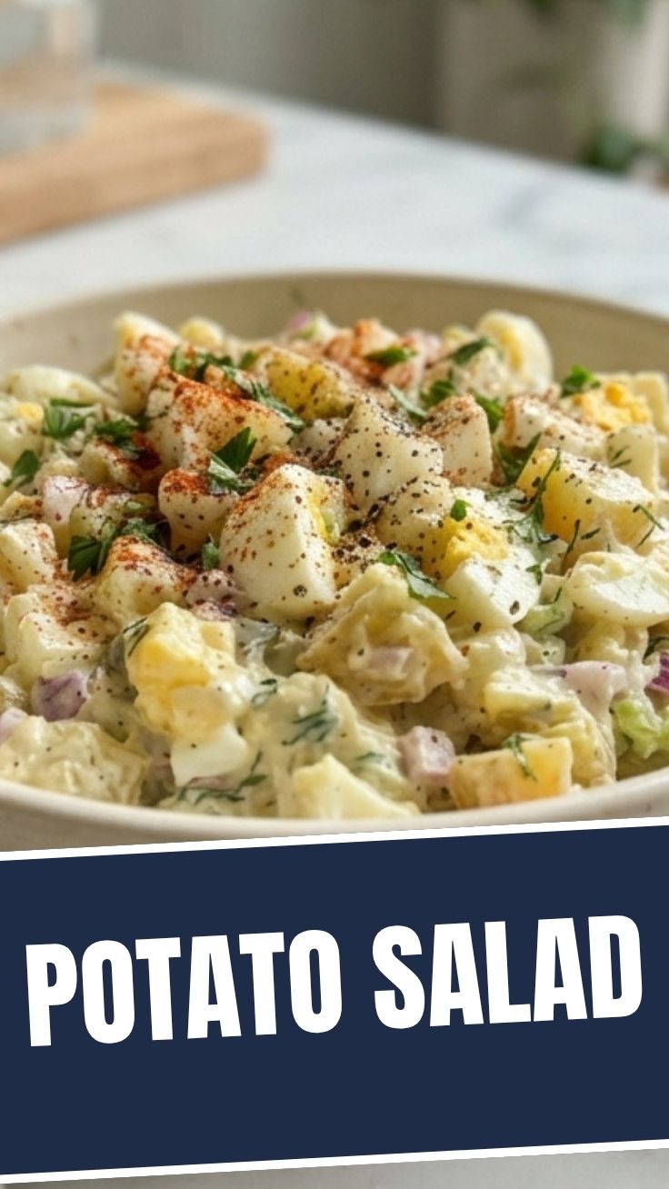 A bowl of perfect potato salad, garnished with fresh herbs.