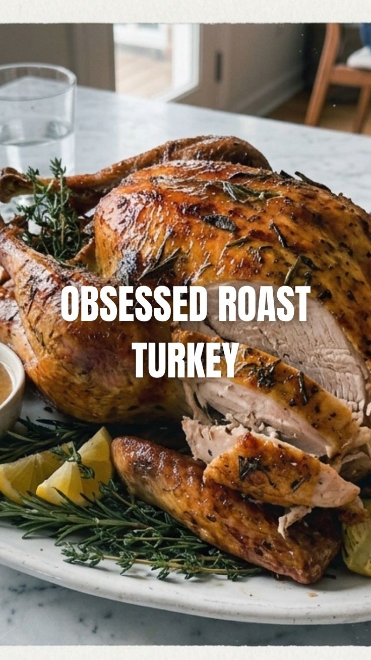 Golden brown roast turkey on a platter with herb garnish