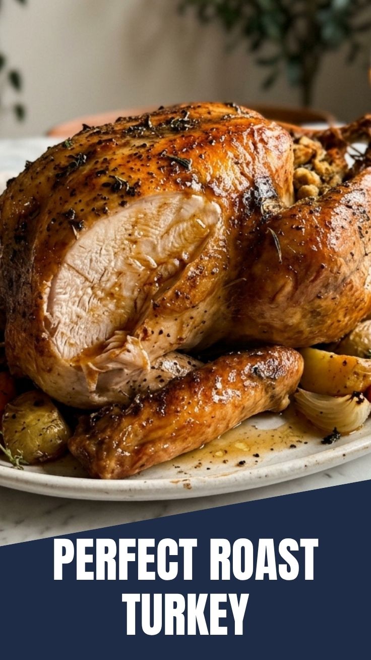 A perfectly cooked roast turkey, golden brown and ready to serve.
