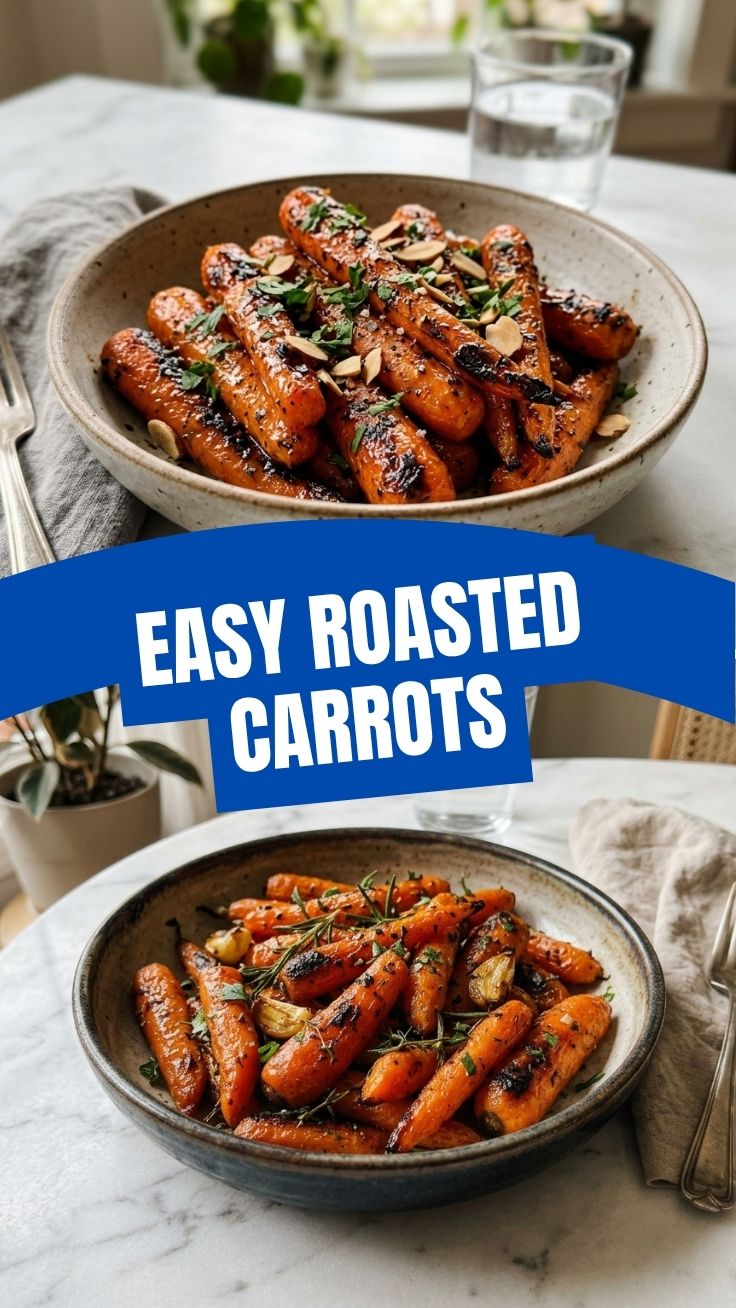 A close-up of perfectly roasted carrots, slightly caramelized and tender.