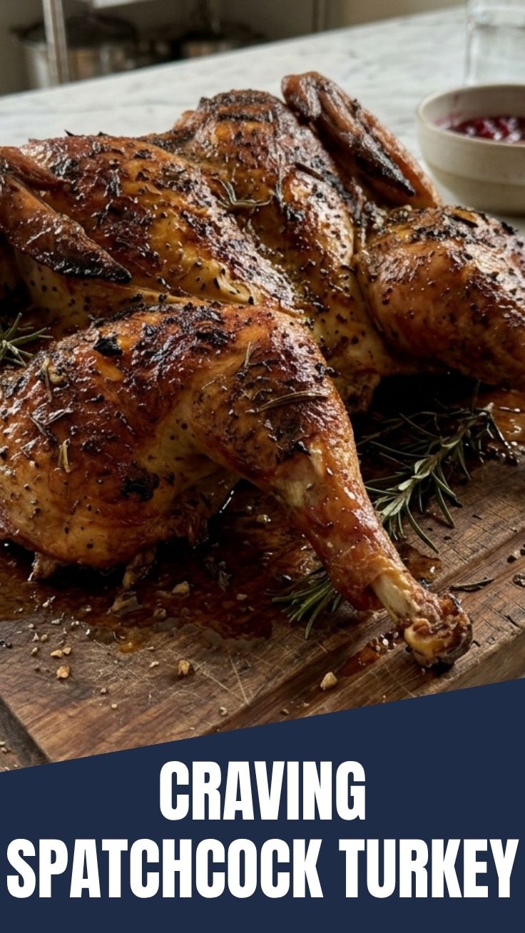 Golden brown spatchcock turkey on a wire rack
