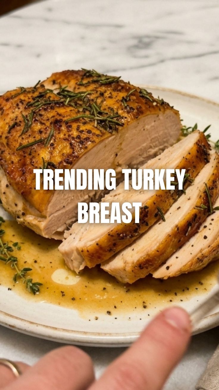 A perfectly roasted turkey breast, golden brown and carved into slices.