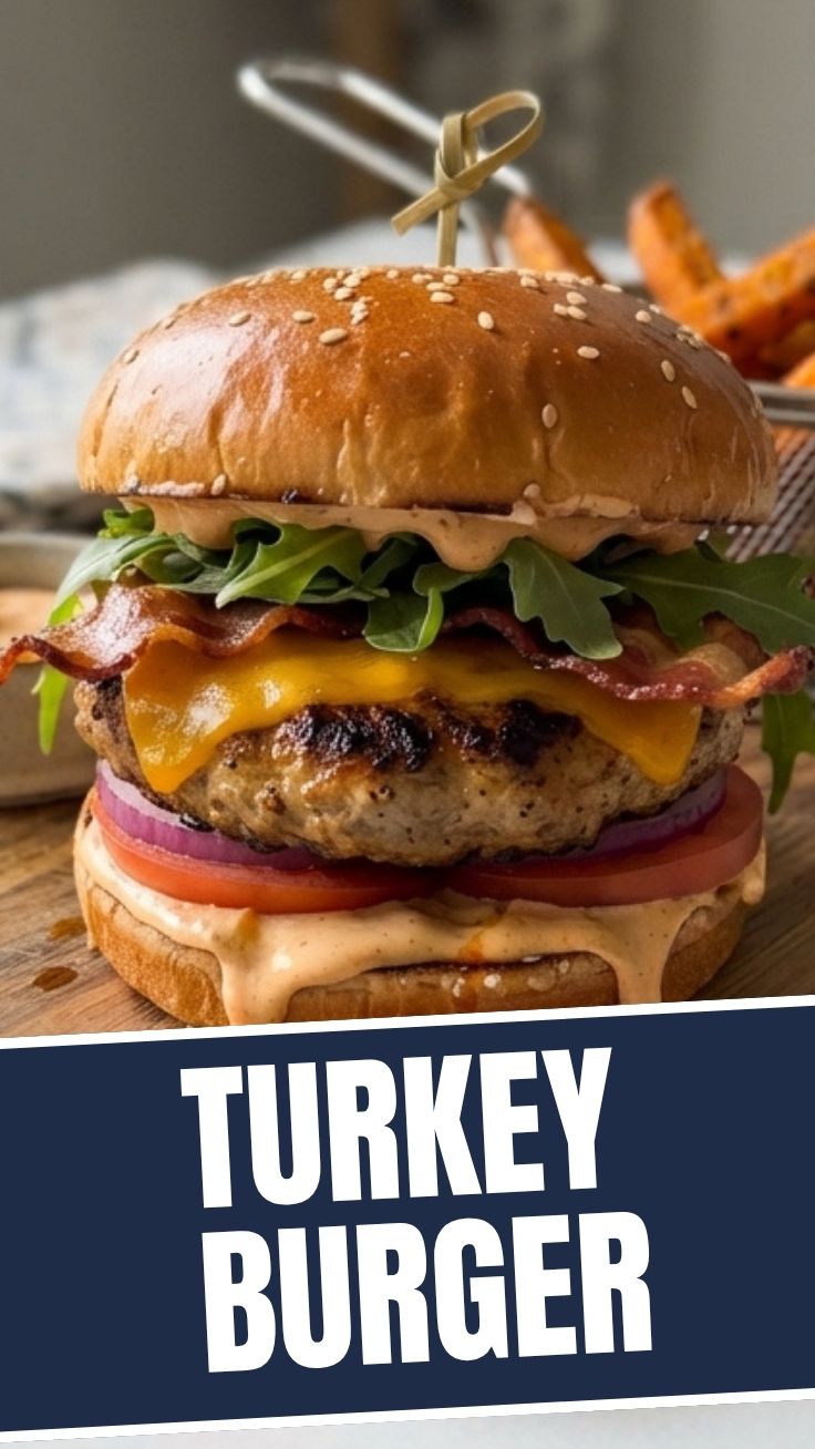 A perfectly grilled turkey burger topped with fresh lettuce and tomato.