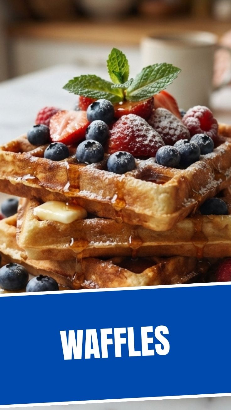 Golden waffles stacked on a plate